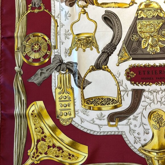 Vintage Hermes Etriers Silk Scarf Crimson and Gold by Françoise de la Perriere - Picture 11 of 15